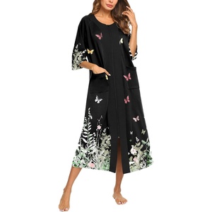 Ekouaer Robes For Women Zipper Front 3/4 Sleeve Housecoats with Pockets(Black Floral)