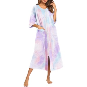 Ekouaer Robes For Women Zipper Front 3/4 Sleeve Housecoats with Pockets(Blue Tie Dye)