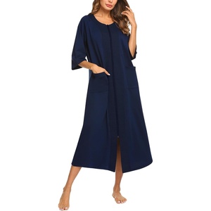 Ekouaer Robes For Women Zipper Front 3/4 Sleeve Housecoats with Pockets(Navy Blue)