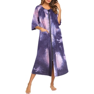 Ekouaer Robes For Women Zipper Front 3/4 Sleeve Housecoats with Pockets(Purple Tie Dye)