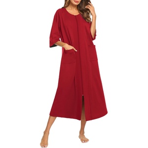 Ekouaer Robes For Women Zipper Front 3/4 Sleeve Housecoats with Pockets(Red)
