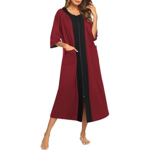 Ekouaer Robes For Women Zipper Front 3/4 Sleeve Housecoats with Pockets(Wine Red)