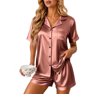 Ekouaer Silk Pajamas for Women Short Sleeve Button Down Satin Pj Shorts Set(Brown)