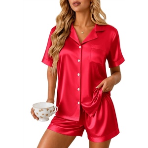 Ekouaer Silk Pajamas for Women Short Sleeve Button Down Satin Pj Shorts Set(Red)