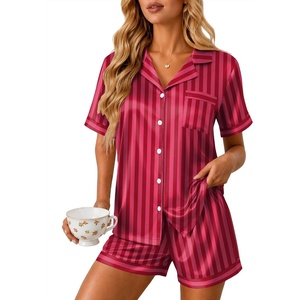 Ekouaer Silk Pajamas for Women Short Sleeve Button Down Satin Pj Shorts Set(Red Striped)