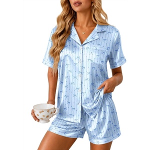 Ekouaer Silk Pajamas for Women Short Sleeve Button Down Satin Pj Shorts Set(Striped Blue Bow)