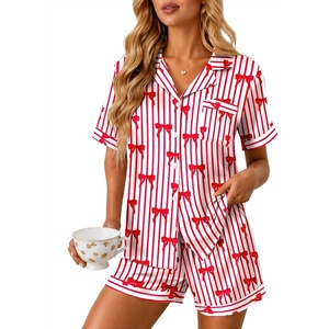 Ekouaer Silk Pajamas for Women Short Sleeve Button Down Satin Pj Shorts Set(Striped Red Bow)