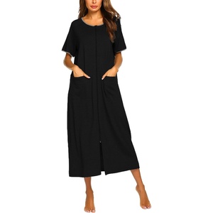 Ekouaer Women Robe Zipper Short Sleeves Full Length House Coat with Pockets(B-black)