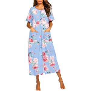 Ekouaer Women Robe Zipper Short Sleeves Full Length House Coat with Pockets(B-blue Fower)