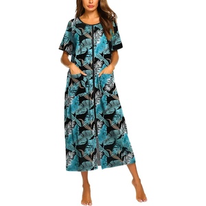 Ekouaer Women Robe Zipper Short Sleeves Full Length House Coat with Pockets(Black Leaf)