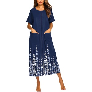 Ekouaer Women Robe Zipper Short Sleeves Full Length House Coat with Pockets(Blue Floral Silhouette)