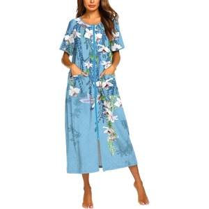 Ekouaer Women Robe Zipper Short Sleeves Full Length House Coat with Pockets(Blue Gradient Florals)