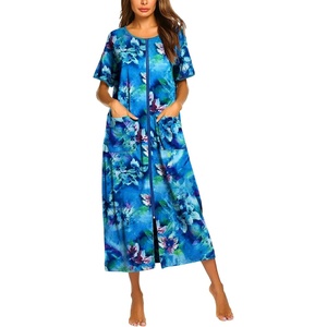 Ekouaer Women Robe Zipper Short Sleeves Full Length House Coat with Pockets(Dark Blue Fower)