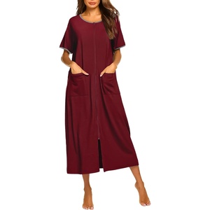 Ekouaer Women Robe Zipper Short Sleeves Full Length House Coat with Pockets(Wine Red)