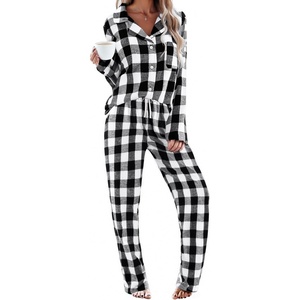 Ekouaer Women’s Cotton Plaid Pajama Set, 2 Piece Long Sleeve(Black White Plaid)