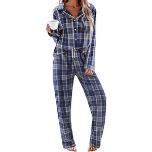 Ekouaer Women’s Cotton Plaid Pajama Set, 2 Piece Long Sleeve(Blue White Plaid)