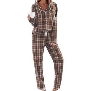 Ekouaer Women’s Cotton Plaid Pajama Set, 2 Piece Long Sleeve(Dark Brown Plaid)