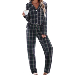 Ekouaer Women’s Cotton Plaid Pajama Set, 2 Piece Long Sleeve(Navy Blue/Green Plaid)