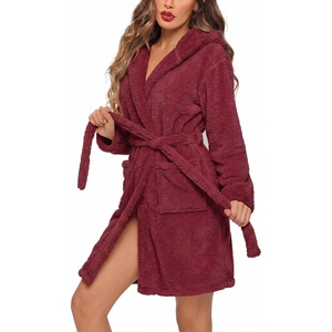 Ekouaer Women’s Hooded Bathrobe Short Fleece Robe Soft Luxury Sleepwear(B Wine Red)