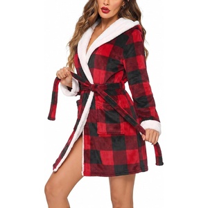 Ekouaer Women’s Hooded Bathrobe Short Fleece Robe Soft Luxury Sleepwear(Plaid Red)