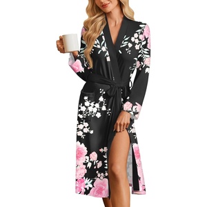 Ekouaer Womens Robe Long Kimono Bathrobe Lightweight Sleepwear with Pockets(Pink Flowers Black)