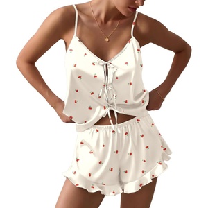 Ekouaer Womens Satin Pajamas Sets Silk Cami Lingerie Pjs Sleepwear(Beige Cherry)