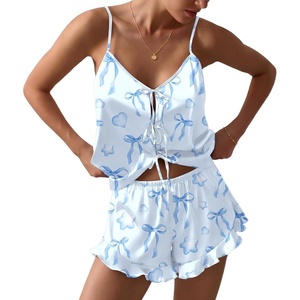 Ekouaer Womens Satin Pajamas Sets Silk Cami Lingerie Pjs Sleepwear(Blue Bow)