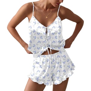 Ekouaer Womens Satin Pajamas Sets Silk Cami Lingerie Pjs Sleepwear(Blue Bow Hydrangea)