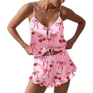 Ekouaer Womens Satin Pajamas Sets Silk Cami Lingerie Pjs Sleepwear(Pink Cherry)