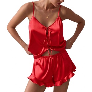 Ekouaer Womens Satin Pajamas Sets Silk Cami Lingerie Pjs Sleepwear(Red)