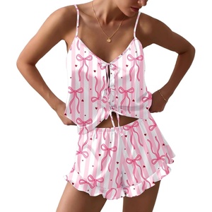 Ekouaer Womens Satin Pajamas Sets Silk Cami Lingerie Pjs Sleepwear(Striped Bow)