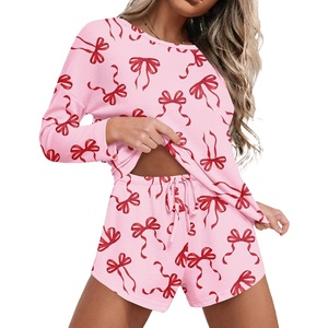 Ekouaer Womens Waffle Knit Pajama Sets Long Sleeve Top and Shorts Matching Lounge Set Loungewear Sweatsuit with Pockets(Red Bows)