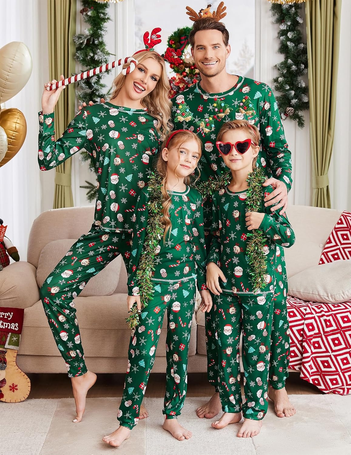 image:imageEkouaer Family Christmas Pajamas Matching Sets Holiday Couple Pjs SleepwearChristmas Cartoon on Green