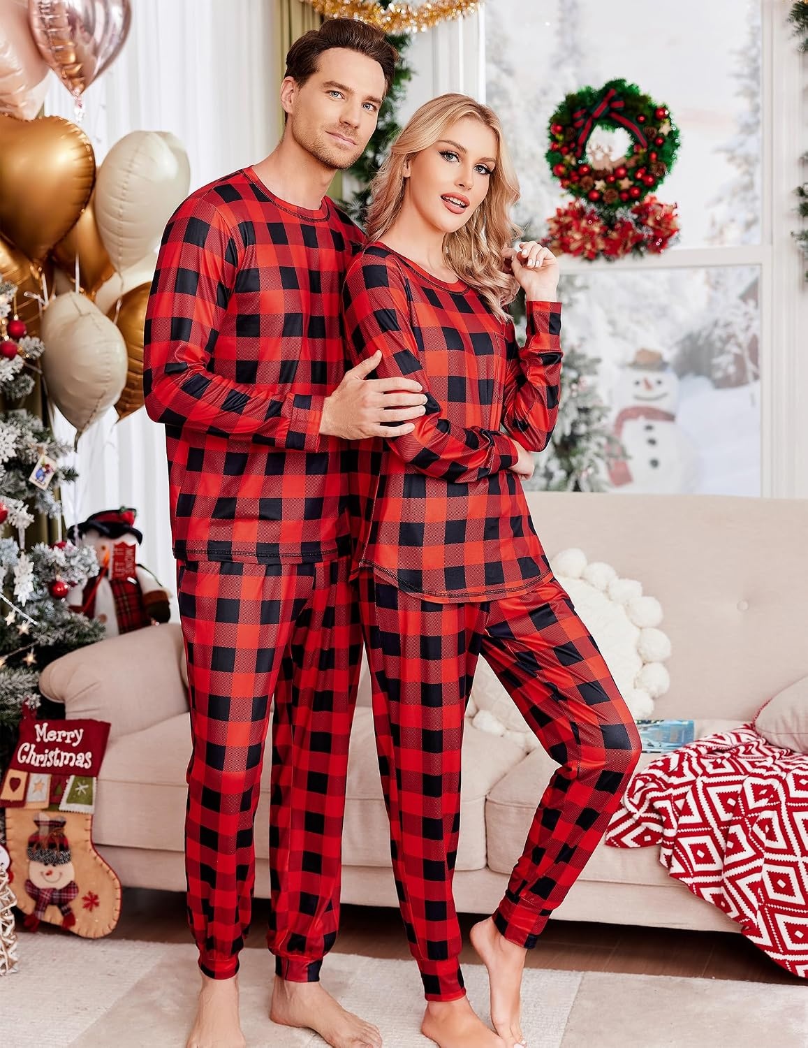 image:imageEkouaer Family Christmas Pajamas Matching Sets Holiday Couple Pjs SleepwearRed and Black Plaid
