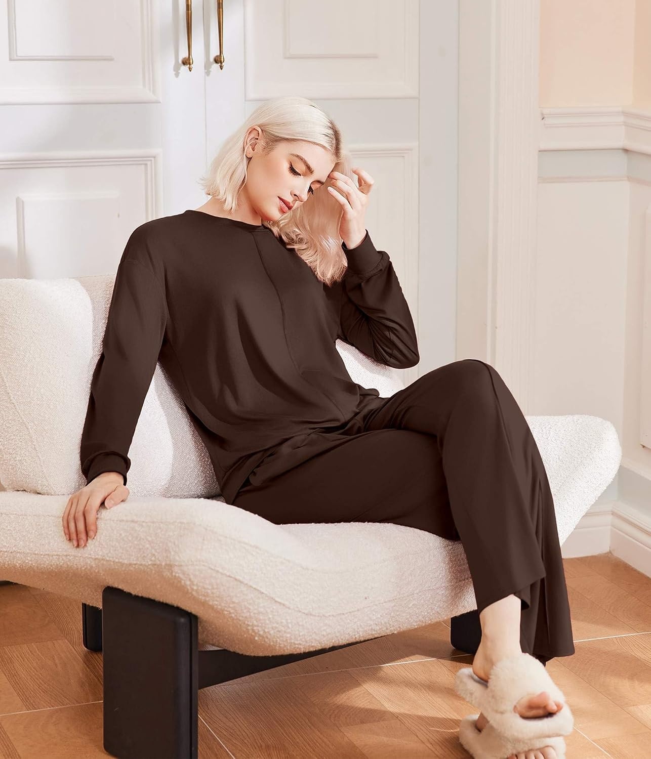 image:imageEkouaer Pajama Sets Women 2 Piece Long Sleeve Sleepwear Cozy Pjs LoungewearDark Brown