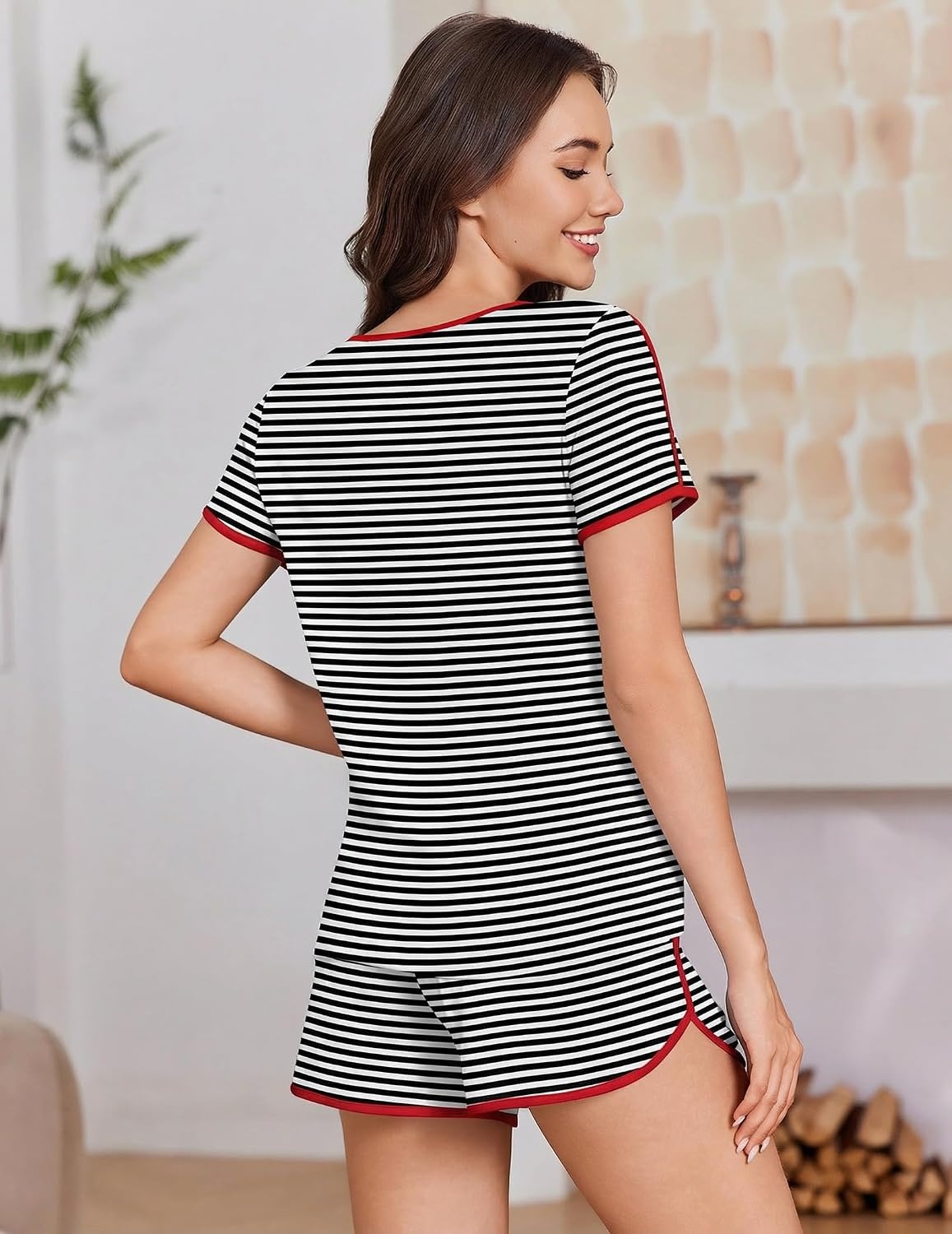 image:imageEkouaer Womens Pajama Sets 2 Piece Soft Sleepwear Summer Lounge Sets SXXLBlack and White Stripe