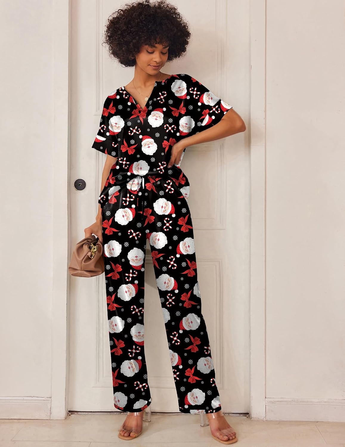 image:imageEkouaer Womens Satin Silky Pajama Set 2 Piece V Neck Silk Pjs with PocketBlack Christmas