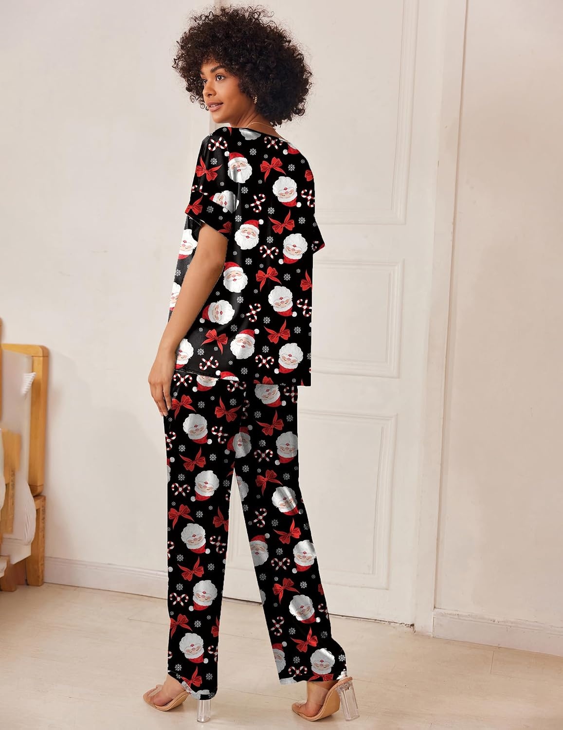 image:imageEkouaer Womens Satin Silky Pajama Set 2 Piece V Neck Silk Pjs with PocketBlack Christmas