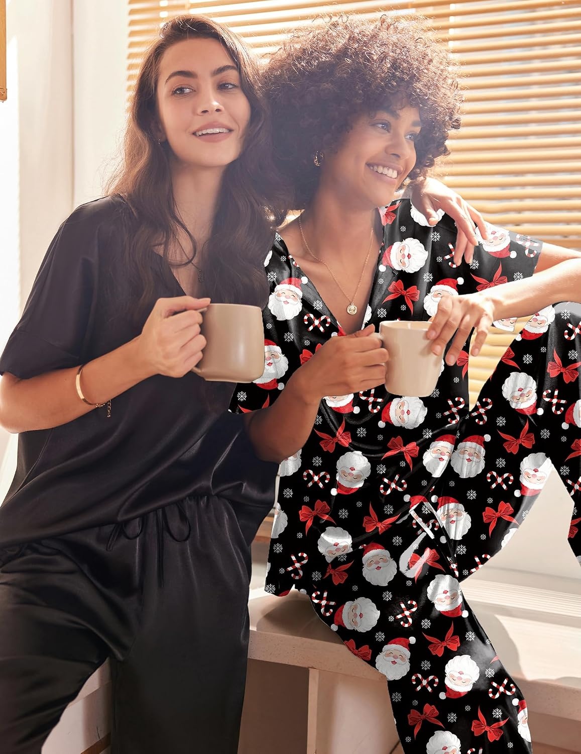 image:imageEkouaer Womens Satin Silky Pajama Set 2 Piece V Neck Silk Pjs with PocketBlack Christmas