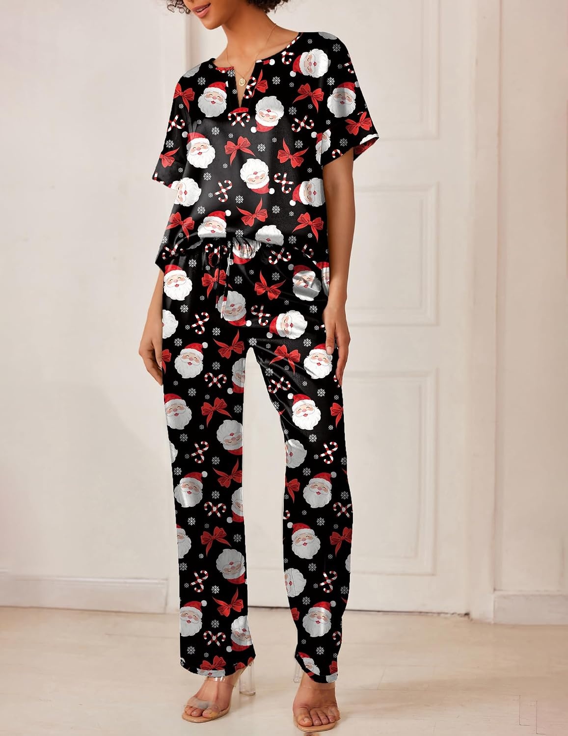 image:imageEkouaer Womens Satin Silky Pajama Set 2 Piece V Neck Silk Pjs with PocketBlack Christmas