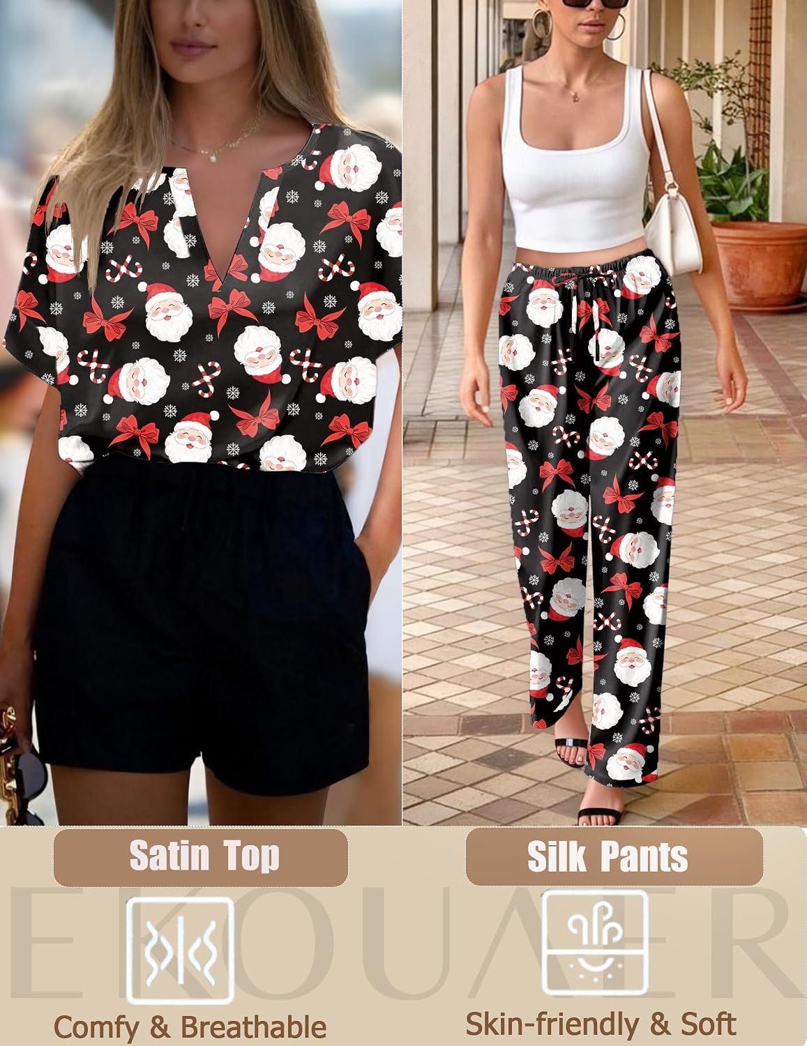 image:imageEkouaer Womens Satin Silky Pajama Set 2 Piece V Neck Silk Pjs with PocketBlack Christmas