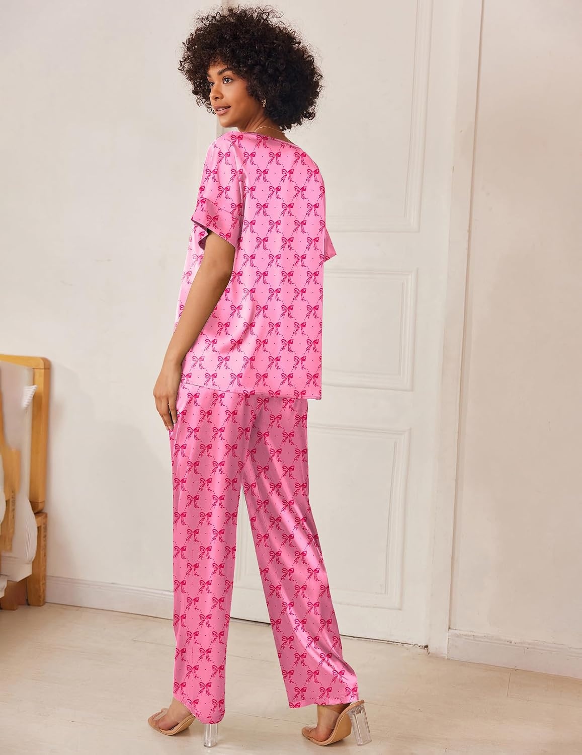 image:imageEkouaer Womens Satin Silky Pajama Set 2 Piece V Neck Silk Pjs with PocketPink Bow Print