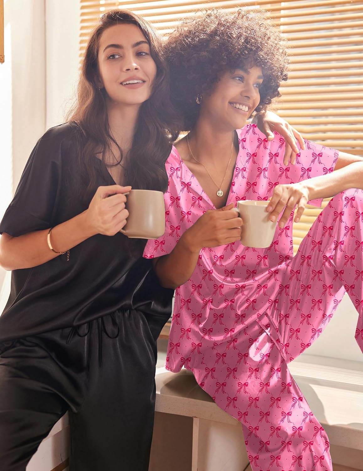 image:imageEkouaer Womens Satin Silky Pajama Set 2 Piece V Neck Silk Pjs with PocketPink Bow Print
