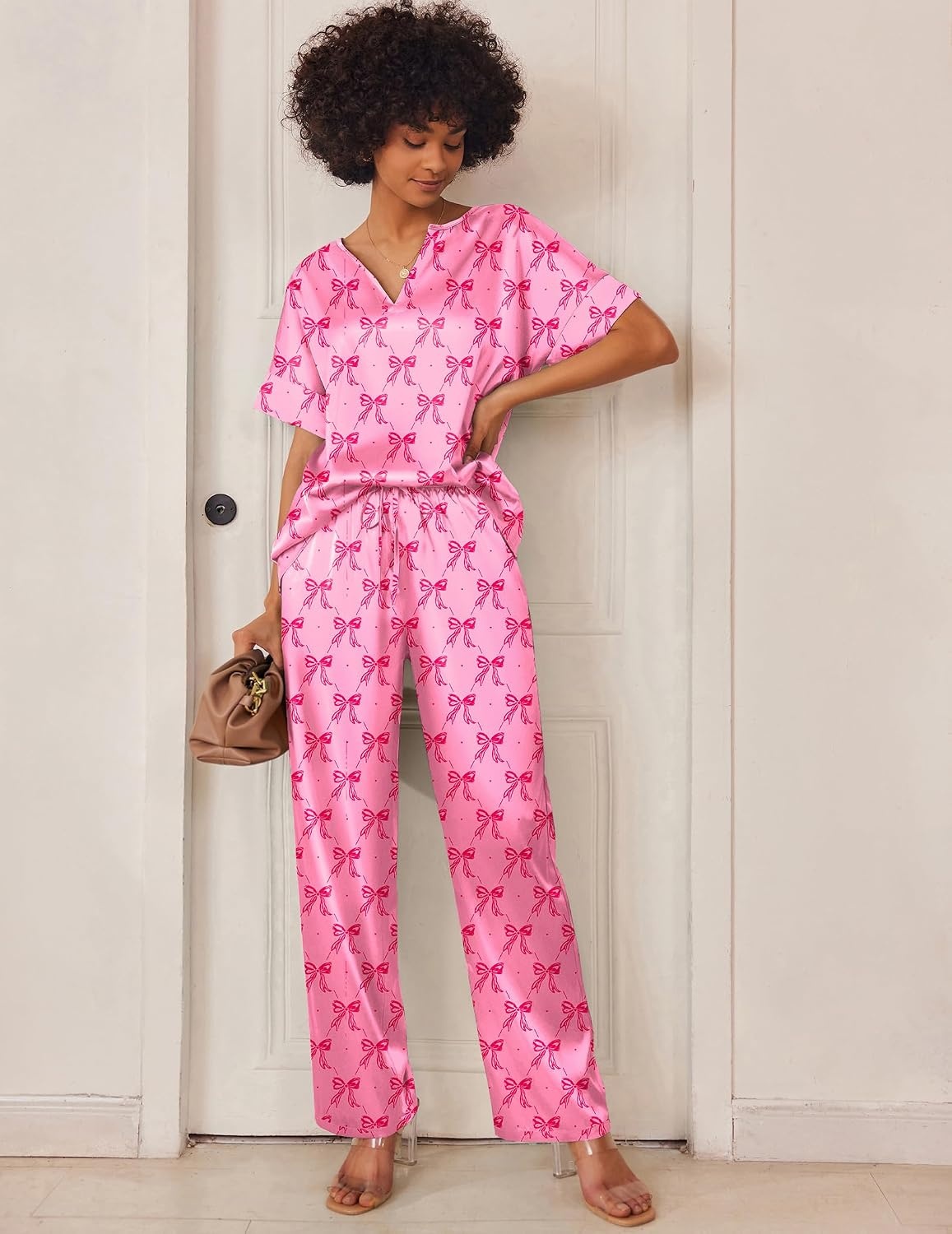 image:imageEkouaer Womens Satin Silky Pajama Set 2 Piece V Neck Silk Pjs with PocketPink Bow Print