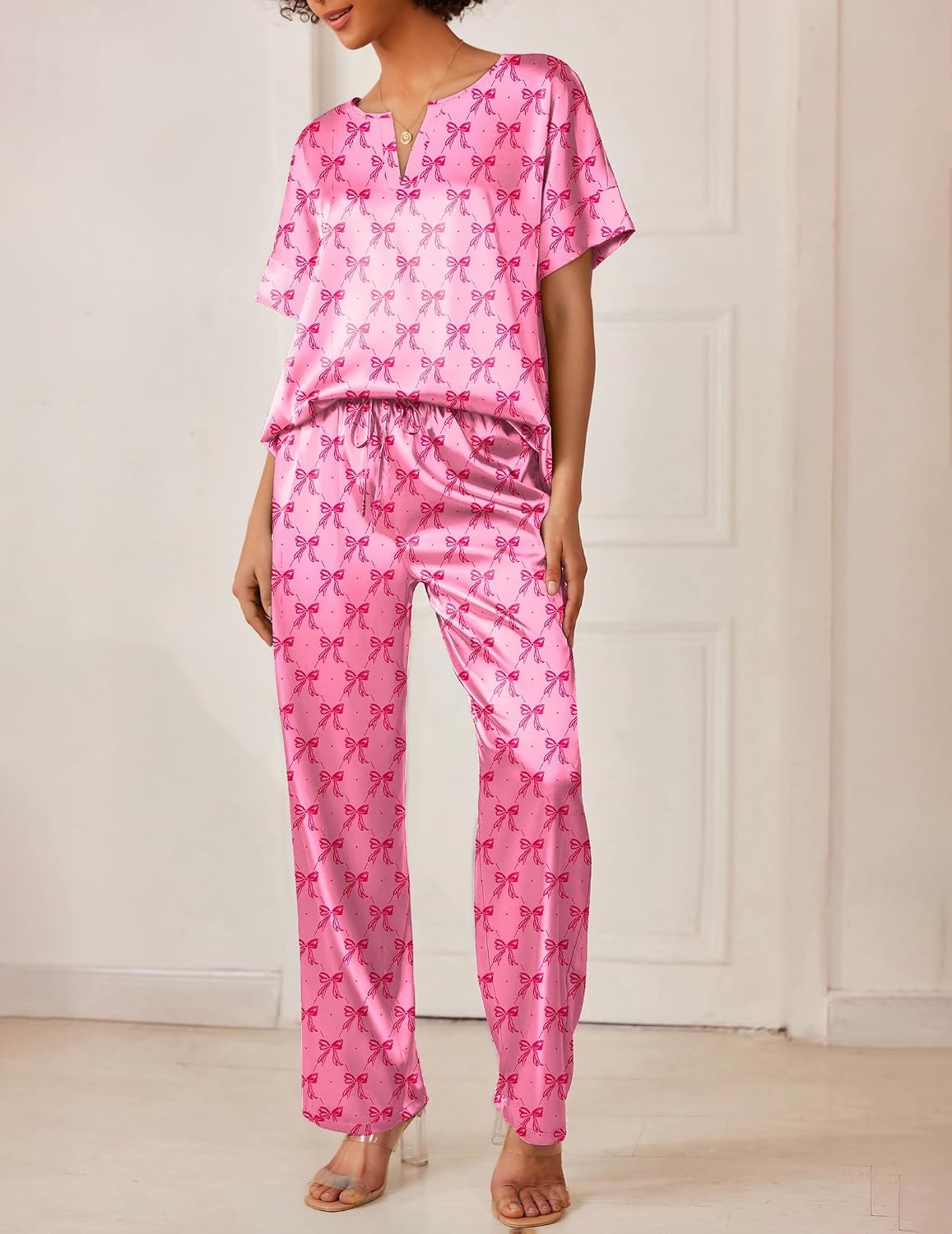 image:imageEkouaer Womens Satin Silky Pajama Set 2 Piece V Neck Silk Pjs with PocketPink Bow Print