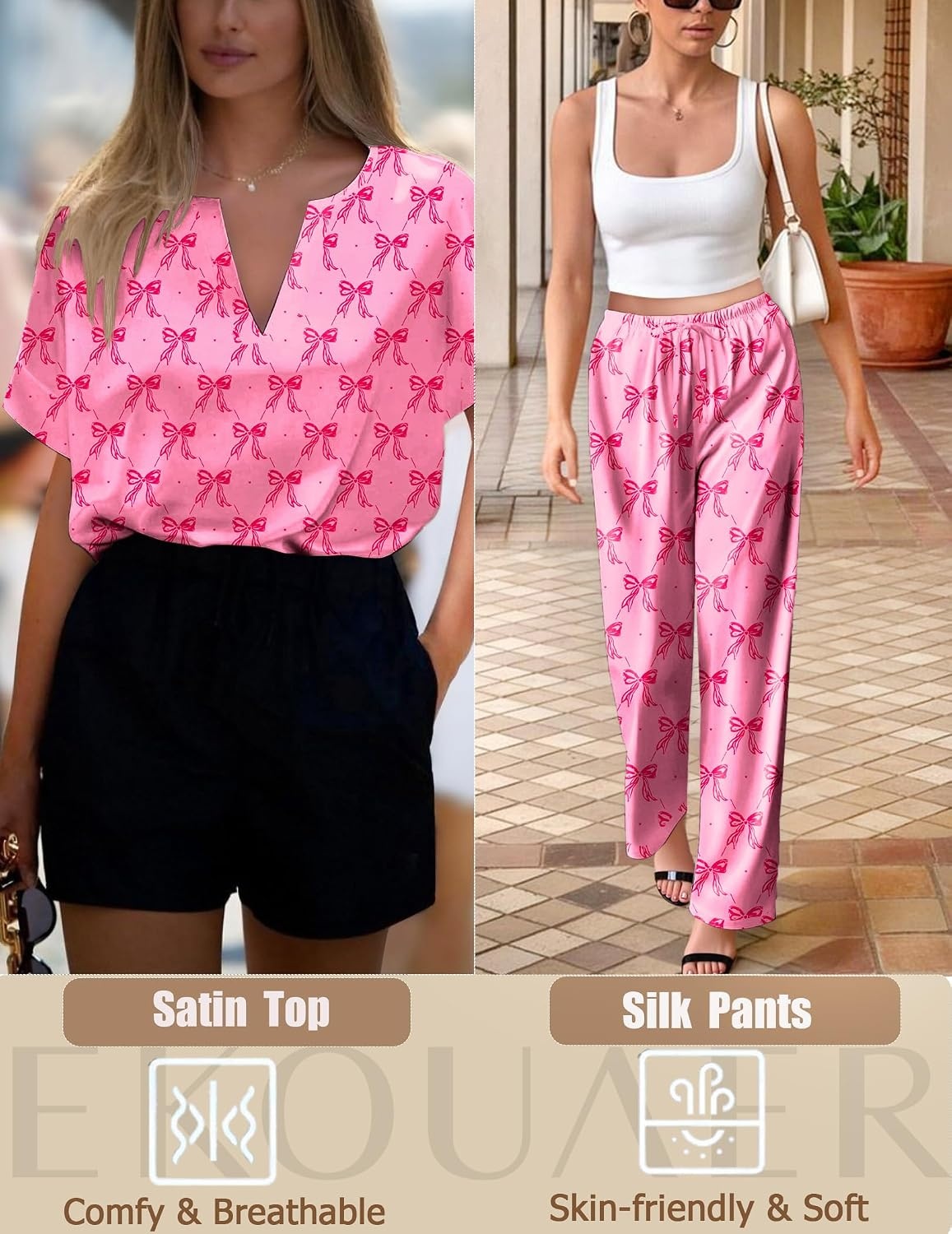 image:imageEkouaer Womens Satin Silky Pajama Set 2 Piece V Neck Silk Pjs with PocketPink Bow Print