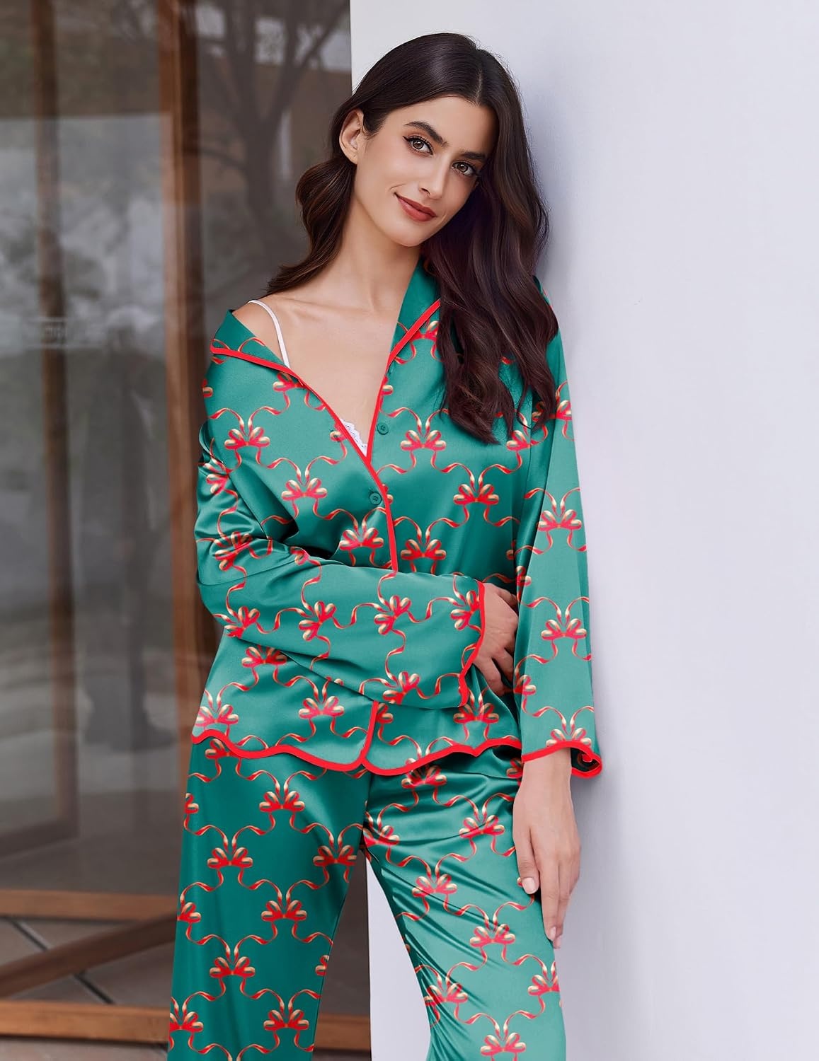 image:imageEkouaer Womens Silk Pajama Set Long Sleeve Button Down Ruffle Satin PJsGreen Red Bow