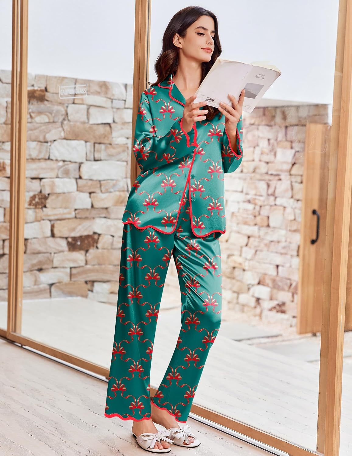 image:imageEkouaer Womens Silk Pajama Set Long Sleeve Button Down Ruffle Satin PJsGreen Red Bow