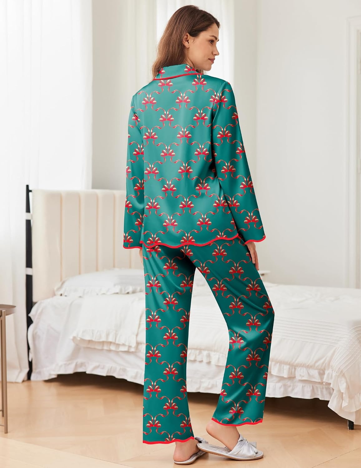 image:imageEkouaer Womens Silk Pajama Set Long Sleeve Button Down Ruffle Satin PJsGreen Red Bow