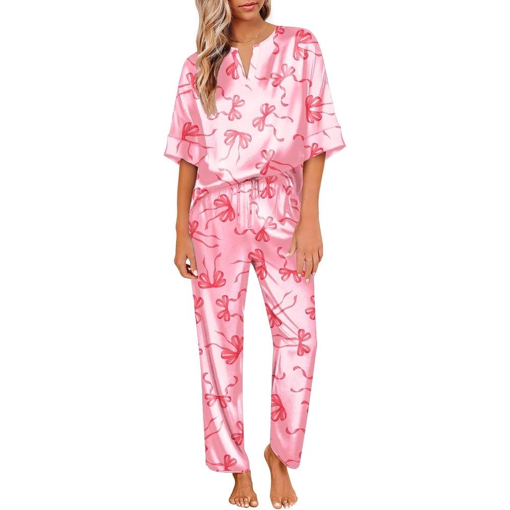 image:imageEkouaer Womens Satin Silky Pajama Set 2 Piece V Neck Silk Pjs with PocketBow